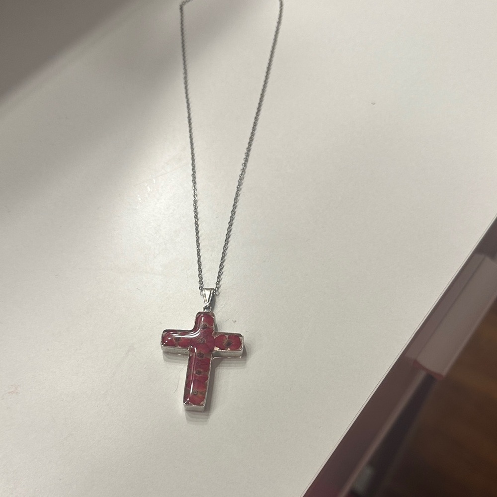 Elegant Silver and Red Cross Pendant Necklace